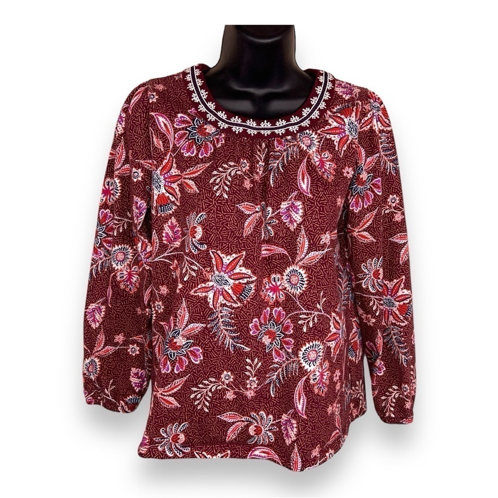 SMALL OLD NAVY BURGUNDY RED BOHO BLOUSE TOP COTTON FLORAL BOHEMIAN EMBROIDERED